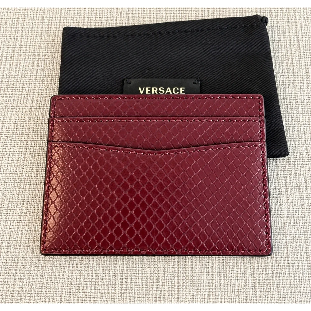 Versace Medusa Leather Card Holder Burgundy NWT Snake-Effect Full Set